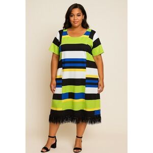 Eloquii NWT Scuba Blue Green Black White‎ Dress Feathers Hem Women's Size 24